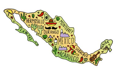Colored Hand drawn doodle Mexico map. Mexican city names lettering and cartoon landmarks, tourist attractions cliparts. travel, trip comic infographic poster, banner concept design clipart