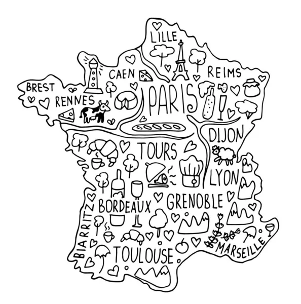 手绘涂鸦法国地图 城市地名 卡通地标 旅游景点等 旅行漫画书海报 横幅概念设计 — 图库矢量图片
