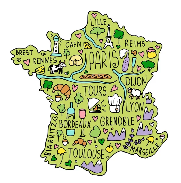 Color garabato dibujado a mano Francia mapa. nombres de la ciudad letras y dibujos animados — Vector de stock