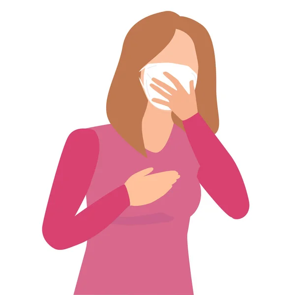 Εικονογράφηση ενός κοριτσιού με μάσκα που φτερνίζεται στο στόμα. φτάρνισμα κατά τη διάρκεια του Novel coronavirus 2019-nCoV . — Διανυσματικό Αρχείο