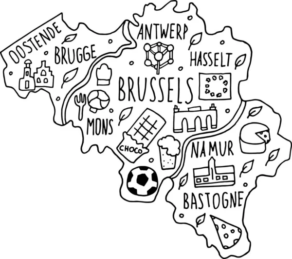 Ručně Kreslená Mapa Holandska Holandsko Názvy Měst Písmo Kreslené Památky — Stockový vektor