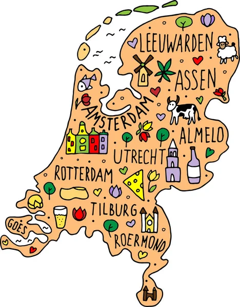 Χρωματιστό Χέρι Ζωγραφισμένο Σχέδιο Χάρτη Netherland Ολλανδία Ονόματα Πόλεων Γράμματα — Διανυσματικό Αρχείο