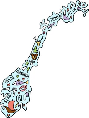 Renkli el çizimi Norveç haritası. Norveç şehir isimleri harfler ve karikatür simgeleri, turistik yerler. seyahat, gezi çizgi roman bilgi afişi. Ayı, kar, dağlar, oslo, balık