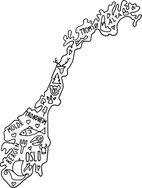 Handgetekende Doodle Noorwegen Kaart Noorse Stadsnamen Belettering Cartoon Bezienswaardigheden Toeristische — Stockvector