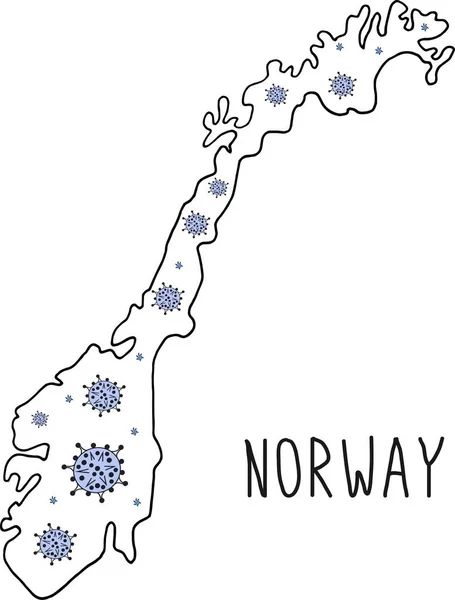 Norveç Siyah Hat Haritası Çizimi Harita Üzerinde Coronavirus Olan Norveç — Stok Vektör