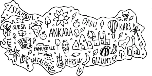 손으로 낙서 터키 지도를 그렸습니다. 터어 키 시의 이름 글자와 화풍으로 된 랜드마크, 관광 명소 들. — 스톡 벡터