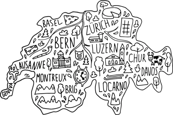 Garabato dibujado a mano Suiza mapa. Suiza nombres de la ciudad letras y dibujos animados lugares de interés, atracciones turísticas cliparts . — Vector de stock