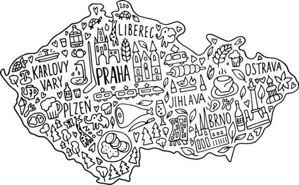 Handgezeichnete Doodle-Karte der Tschechischen Republik. Tschechische Stadt benennt Schriftzüge und Cartoon-Sehenswürdigkeiten, Touristenattraktionen Cliparts. reise, reise comic infografik poster, banner konzept design. — Stockvektor