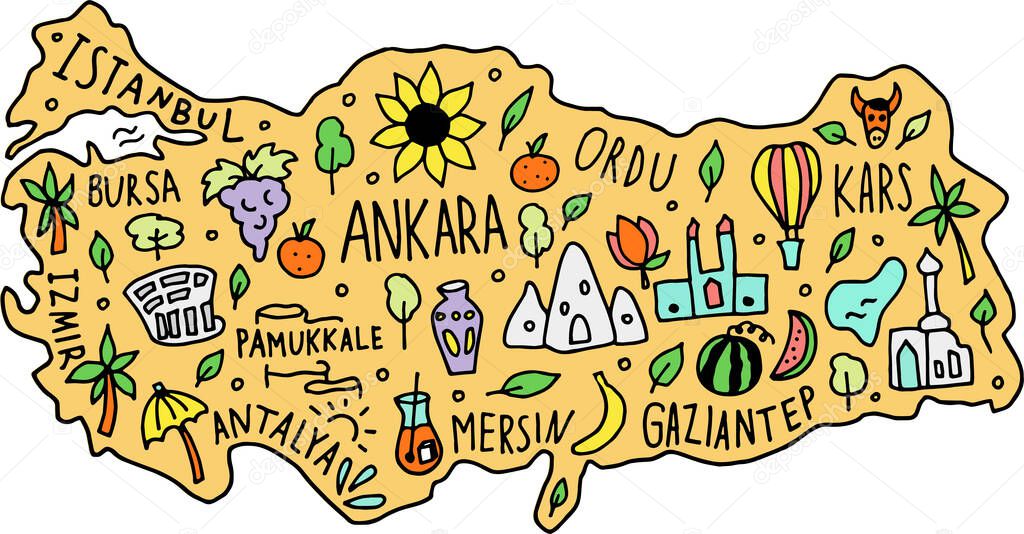 Colored hand drawn doodle Turkey map. Turkish city names lettering and cartoon landmarks, tourist attractions cliparts.