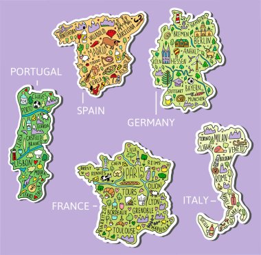 Set of hand drawn stickers. Germany, Spain, Italy, Portugal, France. Doodle maps with main cities, symbols and landscapes. Thick white stroke around illustrations. clipart