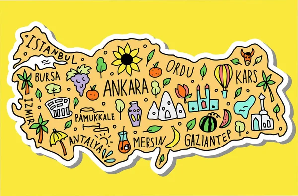Gekleurde Sticker Van Handgetekende Doodle Turkije Kaart Turkse Stadsnamen Belettering — Stockvector