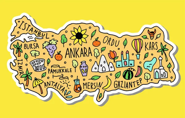 Gekleurde sticker van handgetekende doodle Turkije kaart. Turkse stadsnamen belettering en cartoon bezienswaardigheden, toeristische attracties cliparts. — Stockvector