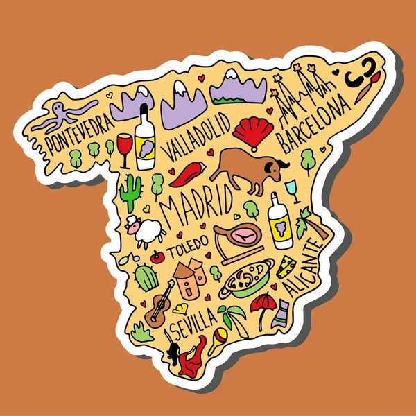 Etiqueta engomada de color dibujado a mano garabato España mapa. Nombres de ciudades españolas letras y dibujos animados , — Archivo Imágenes Vectoriales