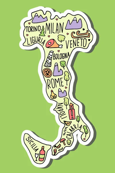 Renkli El Etiketi çizilmiş İtalya haritası. İtalyan şehir isimleri harfler ve karikatür simgeleri, turistik yerler zirve yapıyor. seyahat, seyahat çizgi roman bilgi posteri, — Stok Vektör