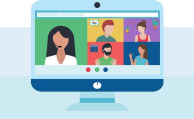 Computer with group of people doing video conference. conversation.  clipart