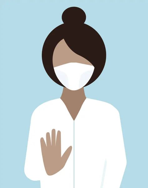 Vrouwelijke Dokter Met Een Medisch Masker Stop Met Gebaren Belettering — Stockvector