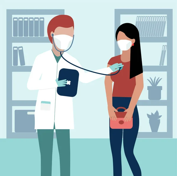 Tıbbi Maske Takan Erkek Doktor Kadın Hastayı Muayene Eder Akciğerleri — Stok Vektör