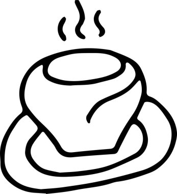 Elle çizilmiş derin bir kase çorba. Sıcak yemek. Tabaktan buhar yükseliyor. Kalın siyah dış hat. 