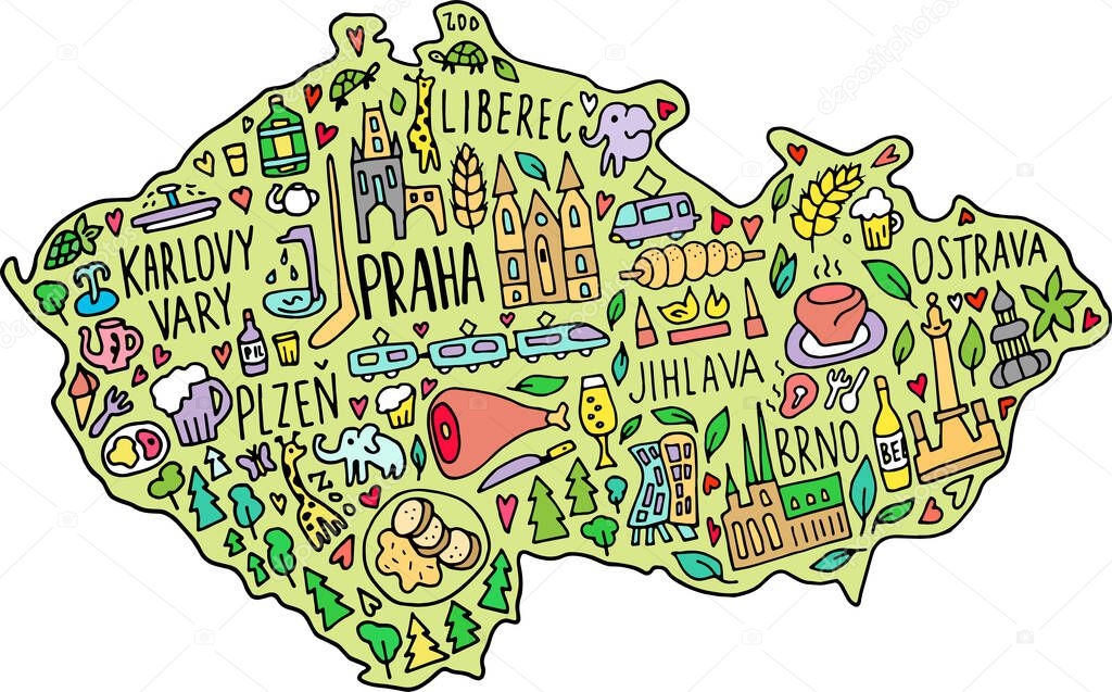 Colored Hand drawn doodle Czech Republic map. Czech city names lettering and cartoon landmarks, tourist attractions cliparts. travel, trip comic infographic poster, banner concept design. Praha, Karlovy Vary, zoo, train