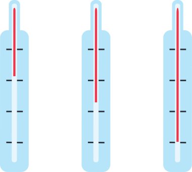 İzole edilmiş ölçüm için tıbbi termometre. Ateşi yüksek ve normal. Sıcaklığı gösteren her zamanki termometrenin dizayn şablonu. Vektör illüstrasyonu.