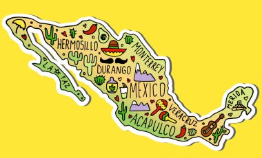 Colored sticker of Hand drawn doodle Mexico map with shadow. Mexican city names lettering and cartoon landmarks, tourist attractions cliparts. travel, funny poster, banner concept design clipart