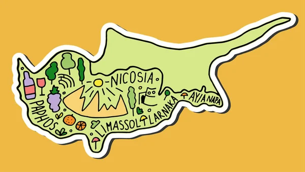 Gekleurde Sticker Van Handgetekend Krabbeltje Cyprus Kaart Met Schaduw Stadsnamen — Stockvector