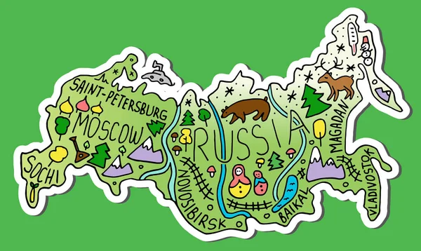 Gekleurde Sticker Van Handgetekend Doodle Rusland Kaart Russische Plaatsnamen Belettering — Stockvector