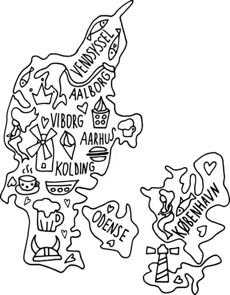 手描きのドアデンマーク地図 デンマークの都市名レタリングや漫画のランドマーク 観光スポットのクリップ 面白いインフォグラフィックポスター コーヒー — ストックベクタ