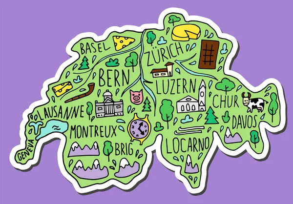 Gekleurde Sticker Van Handgetekende Doodle Zwitserland Kaart Zwitserse Stadsnamen Belettering — Stockvector