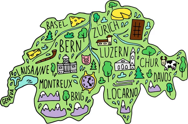 Renkli Çizimi Sviçre Haritası Sviçre Şehir Isimleri Harfler Karikatür Simgeleri — Stok Vektör
