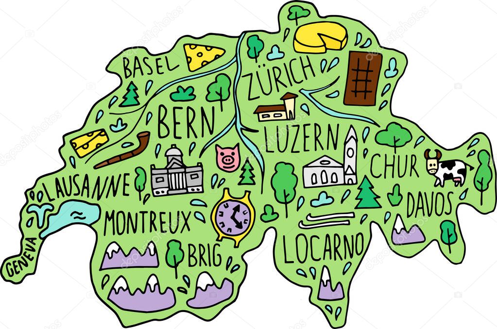 Colored hand drawn doodle Switzerland map. Swiss city names lettering and cartoon landmarks, tourist attractions cliparts. travel, trip comic infographic poster. Bern, Zurich, lake, temple.