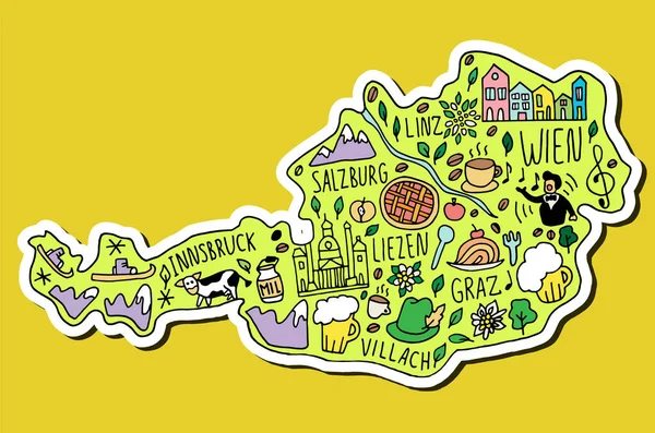 色彩艳丽的奥地利手绘涂鸦地图贴纸 主要城市的名称 主要景点和地标以及地图上的地名 可爱的孩子气的信息海报 矢量说明 — 图库矢量图片