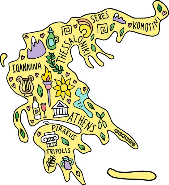 Mappa Colorata Della Grecia Scarabocchiata Disegnata Mano Greco Nomi Città — Vettoriale Stock