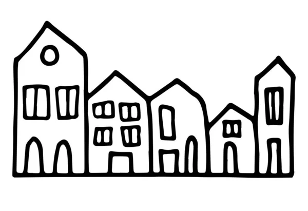 Maisons Gribouillées Dessinées Main Avec Différentes Tailles Ville Scandinave Élément — Image vectorielle