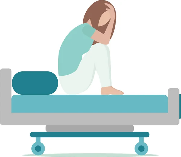 Beyaz Kadın Hastane Yatağında Oturup Ağlıyor Ameliyat Hastalık Mide Bulantısı — Stok Vektör
