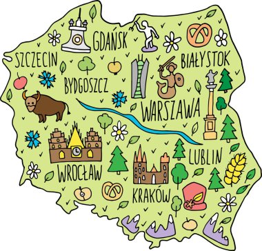 Renkli el çizimi Polonya haritası. Lehçe şehir isimleri harfler ve karikatür simgeleri, turistik merkezler zirve yapıyor. seyahat, gezi çizgi roman bilgi afişi. Siyah beyaz komik resim