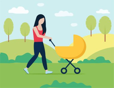 Genç bir kadın parkta bir bebek arabasıyla yürüyor. Genç anne ve çocukla vektör çizimi. Sıradan hayatın bir unsuru. Sarı bebek arabası, eşofman. Basit resim.