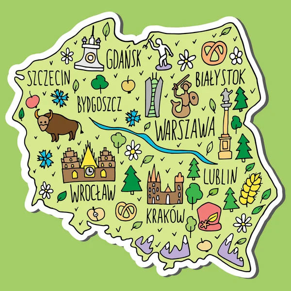 Sticker Van Polen Gekleurde Handgetekende Doodle Polen Kaart Poolse Stad — Stockvector