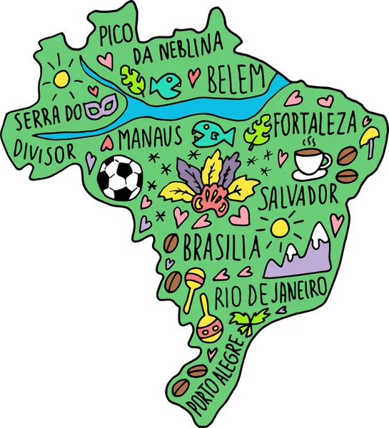 Colour Hand Drawn Doodle Brasil Brasília Map Nomes Cidades Brasileiras — Vetor de Stock