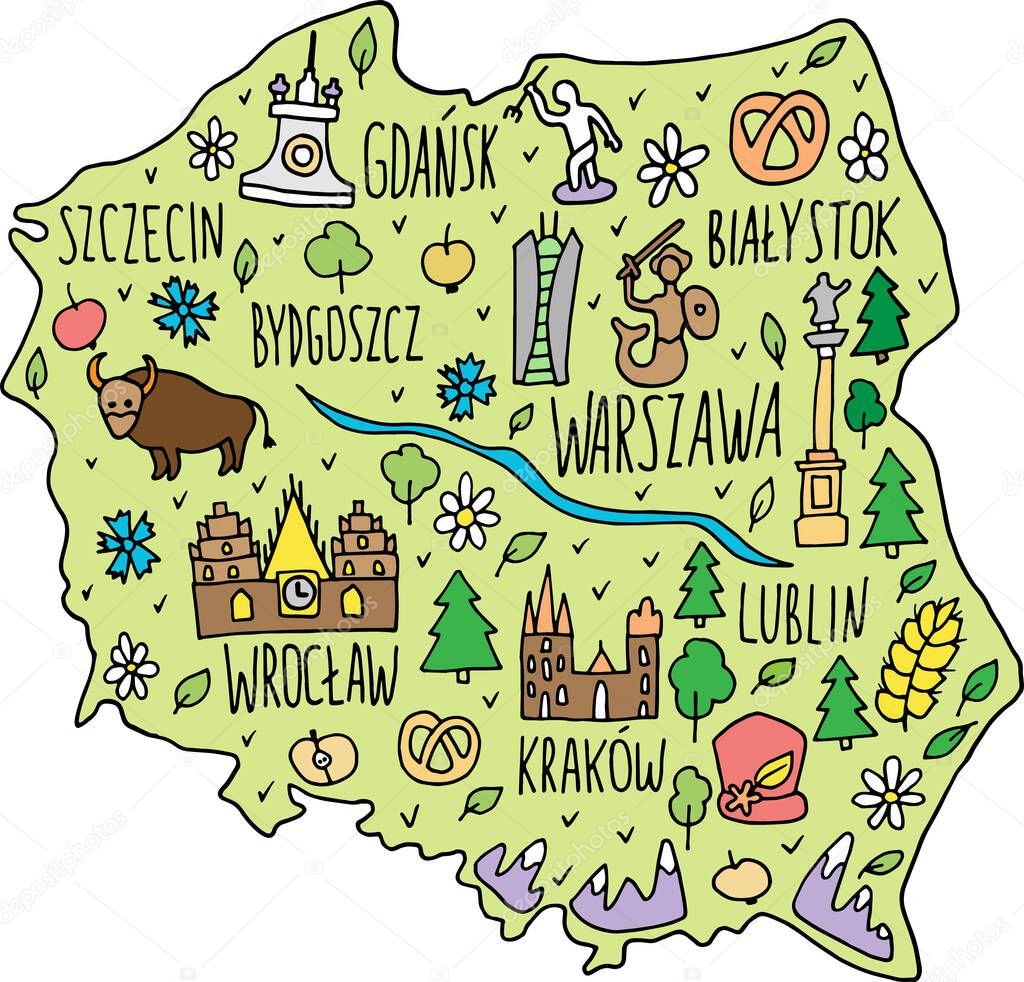 Colored hand drawn doodle Poland map. Polish city names lettering and cartoon landmarks, tourist attractions cliparts. travel, trip comic infographic poster. Black and white funny picture