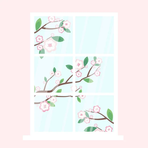 White Window Frame Six Parts Blooming Cherry Apple Tree Window — Stock Vector