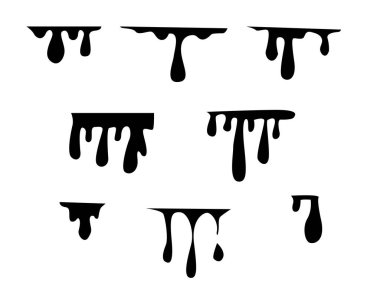 Siyah damlayan su, sos ya da mevcut vektör siluetleri izole edilmiş. Sıvı sıçrama, sıçrama sınırı, sızıntı çizimi. Basit resim
