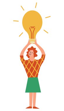 Elinde ampul tutan komik kadın yeni fikirler sunuyor. Çizgi film düz stiliyle vektör illüstrasyonu. Sarı elmas kazak ve yeşil etek. Başarı, büyüme oranları.