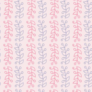 Çiçeksiz desenli doğal bir şekil. Şirin yeşil dalları var. Tekstil için yapraklar, kumaş, duvar kâğıdı, ambalaj kağıdı. Vektör çizimi. El çizimi