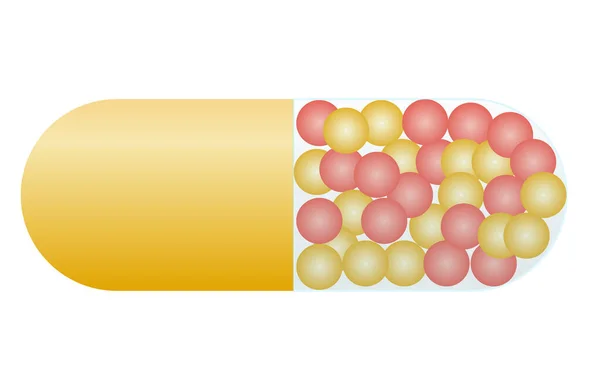 Medicamentos en forma de cápsulas o pastillas. Comprimido rojo-amarillo para el tratamiento de la enfermedad . — Archivo Imágenes Vectoriales