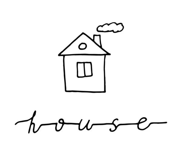 Handgezeichnetes Doodle House mit Schriftzug. Schwarzer Strich. — Stockvektor