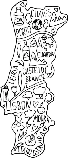 Mapa de doodle Portugal dibujado a mano. Portugalian city names lettering and cartoon landmarks , — Archivo Imágenes Vectoriales