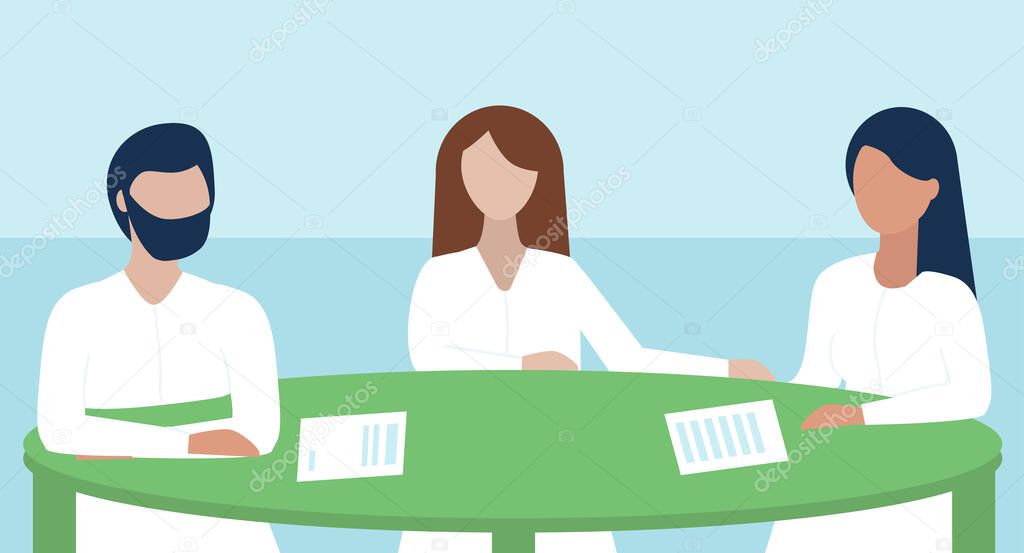 Medical doctors team meeting around table in hospital. two female and one male. Group of doctors discussing medical information with papers in doctor office.