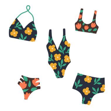 Modern el çizimleri renkli kadın mayoları. Güzel desenli tangalar ve dantelli sutyenler. Sarı, kırmızı ve yapraklı desenler. Duygusallık ve kadınlık kavramı.