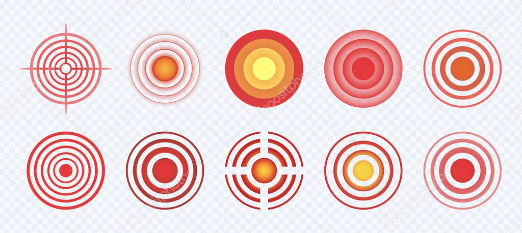Set of red medical pain circles on transparent background. Localization and spread of pain. Symbol of body damage. Pain sign for medications, target for painkillers.